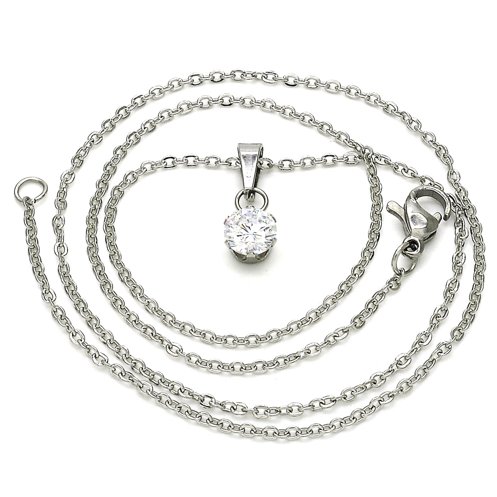 Stainless Steel Pendant Necklace, with White Cubic Zirconia, Polished, Steel Finish