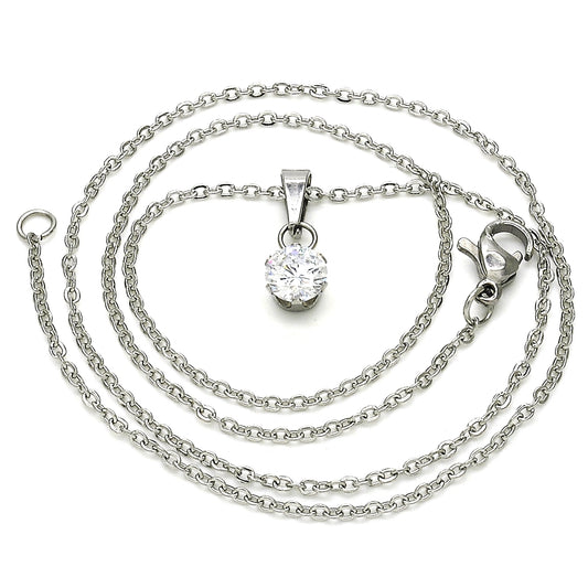 Stainless Steel Pendant Necklace, with White Cubic Zirconia, Polished, Steel Finish