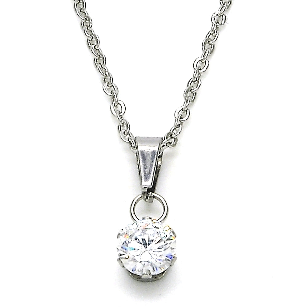Stainless Steel Pendant Necklace, with White Cubic Zirconia, Polished, Steel Finish