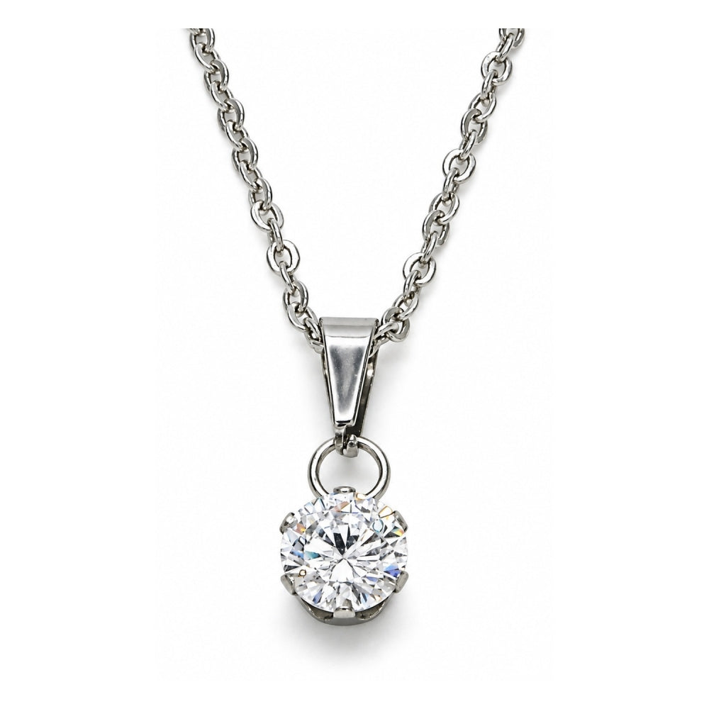 Stainless Steel Pendant Necklace, with White Cubic Zirconia, Polished, Steel Finish