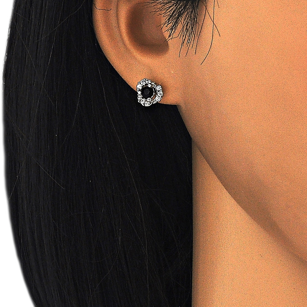 Rhodium Gold Filled Stud Earring, with Black and White Cubic Zirconia, Polished, Rhodium Finish