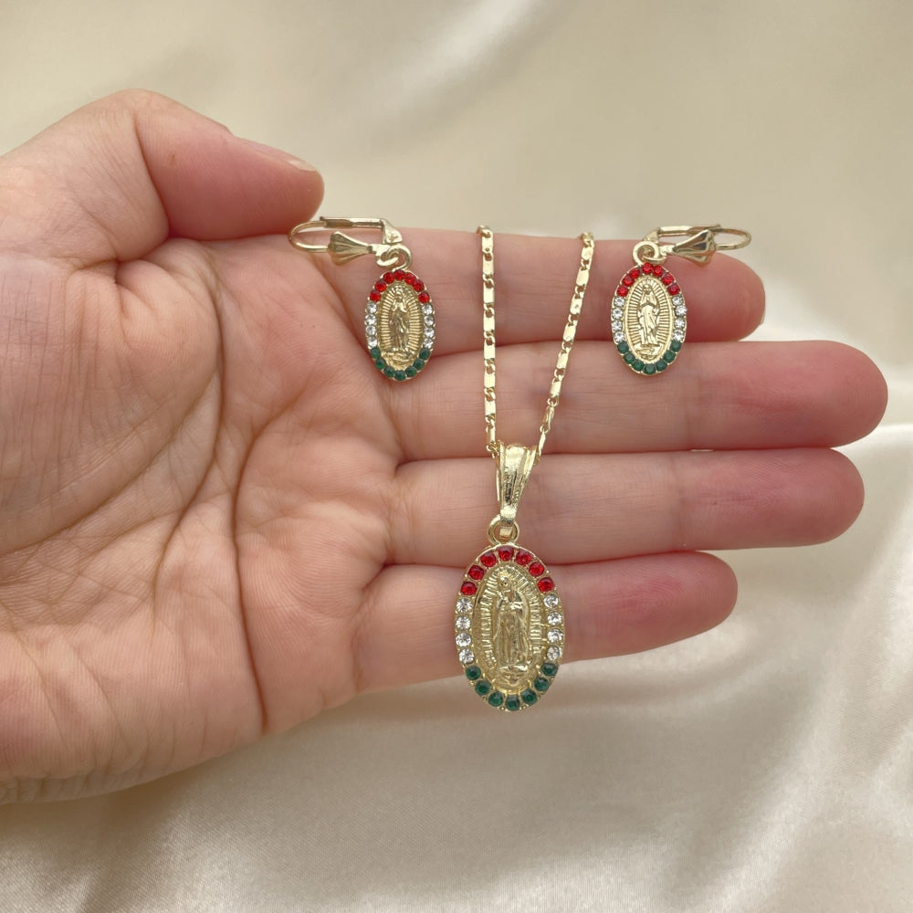 Oro Laminado Earring and Pendant Adult Set, Gold Filled Style Guadalupe Design, with Multicolor Crystal, Polished, Golden Finish