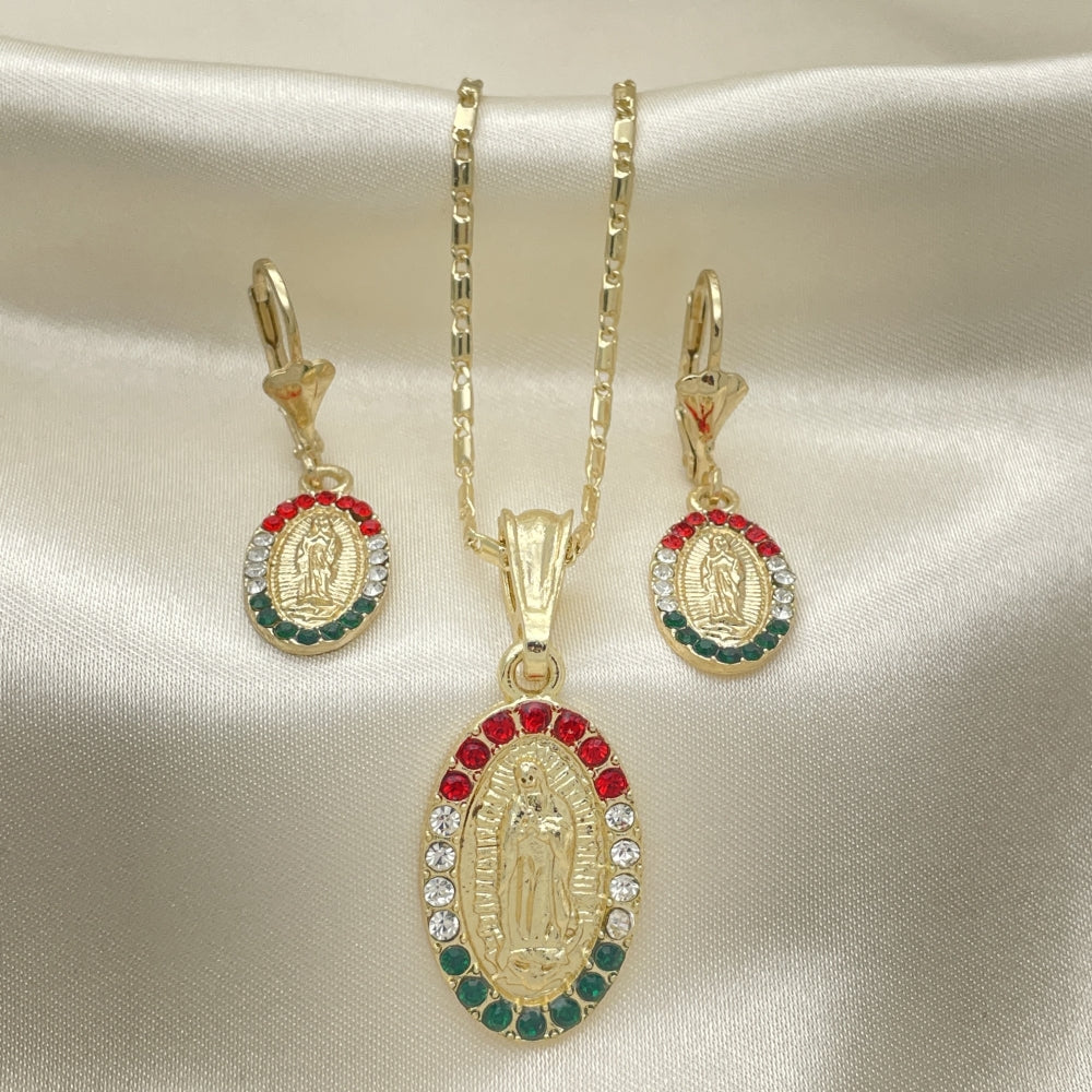 Oro Laminado Earring and Pendant Adult Set, Gold Filled Style Guadalupe Design, with Multicolor Crystal, Polished, Golden Finish