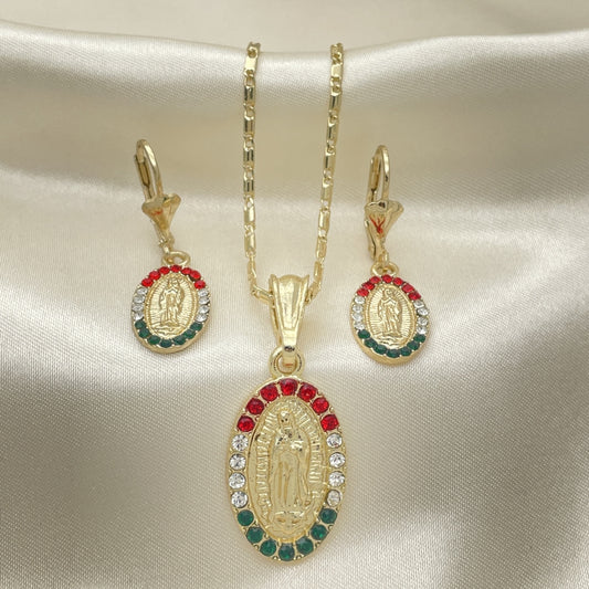 Oro Laminado Earring and Pendant Adult Set, Gold Filled Style Guadalupe Design, with Multicolor Crystal, Polished, Golden Finish