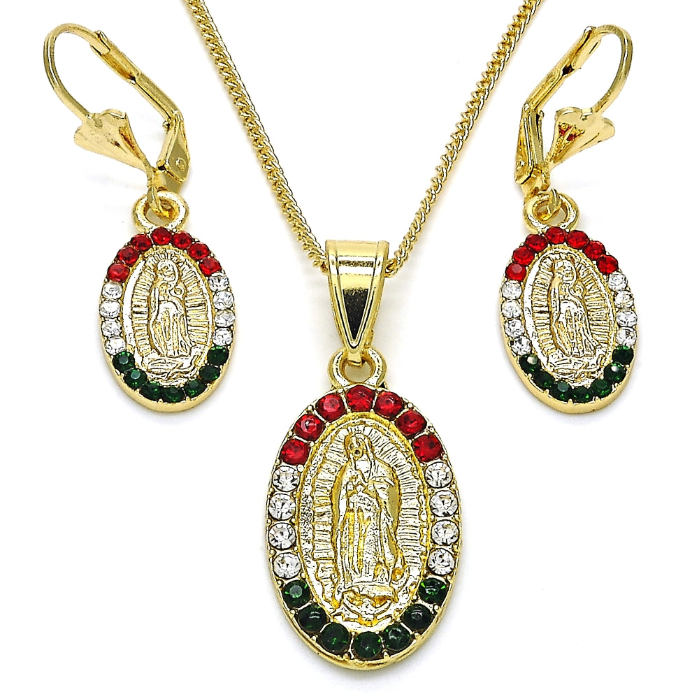 Oro Laminado Earring and Pendant Adult Set, Gold Filled Style Guadalupe Design, with Multicolor Crystal, Polished, Golden Finish