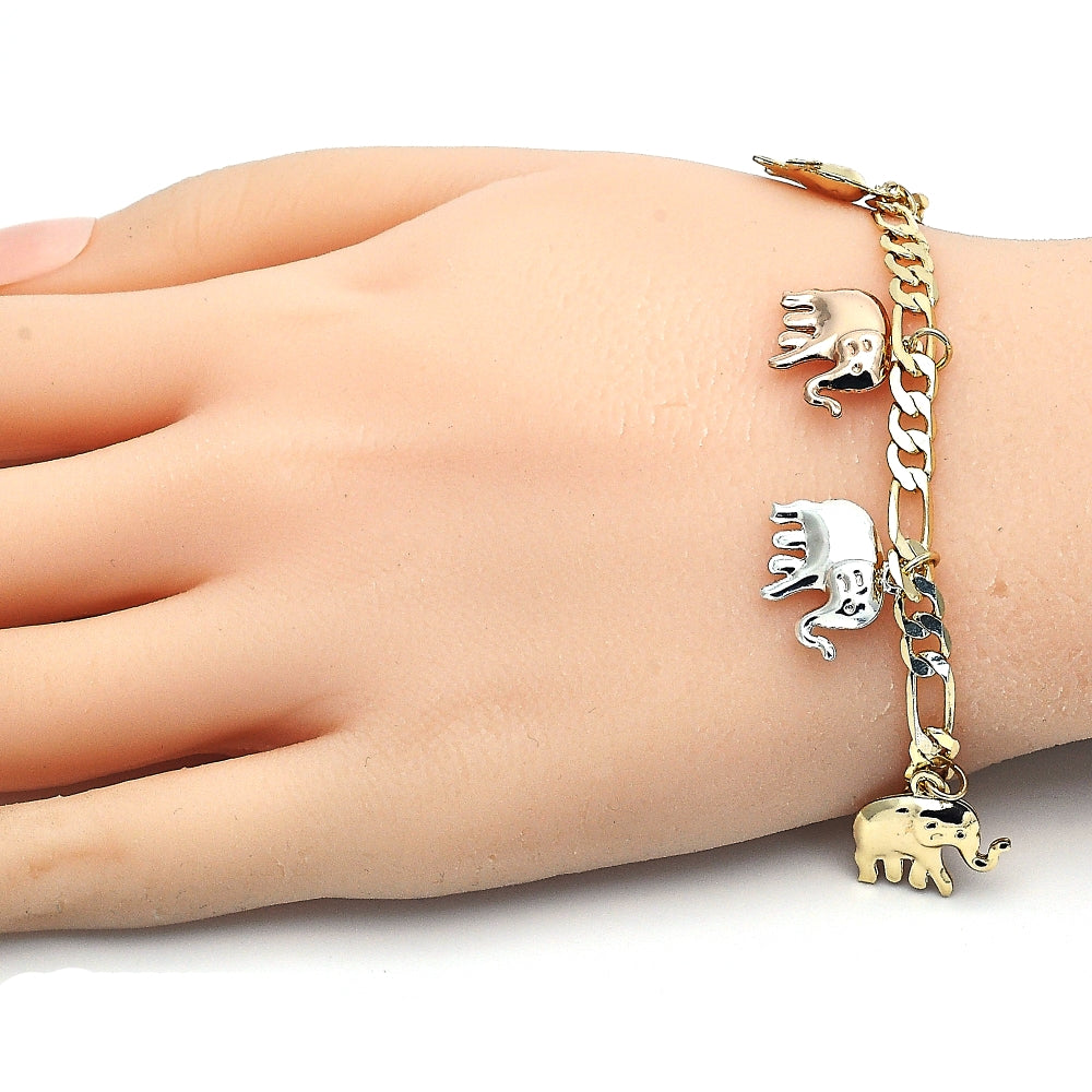 Oro Laminado Charm Bracelet, Gold Filled Style Elephant Design, Polished, Tricolor