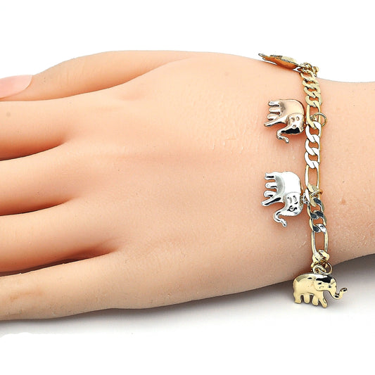 Oro Laminado Charm Bracelet, Gold Filled Style Elephant Design, Polished, Tricolor