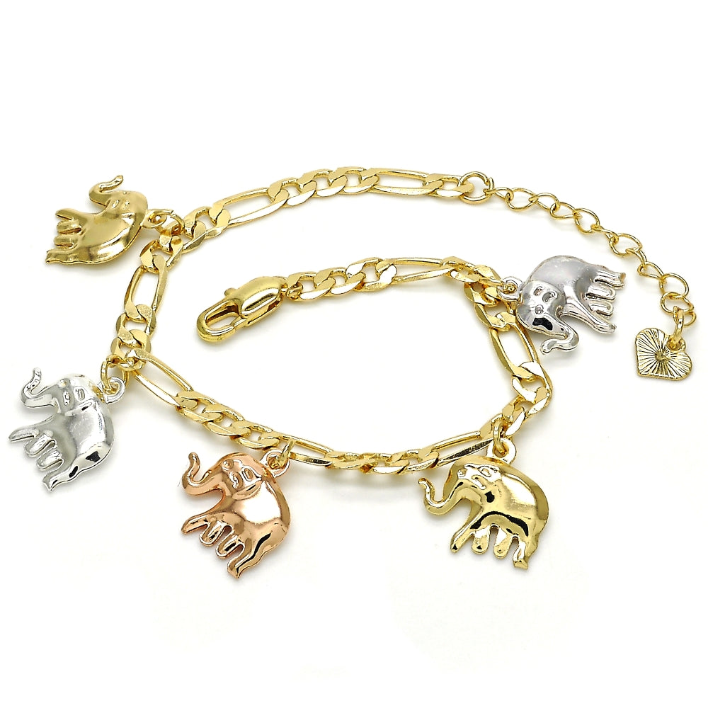 Oro Laminado Charm Bracelet, Gold Filled Style Elephant Design, Polished, Tricolor
