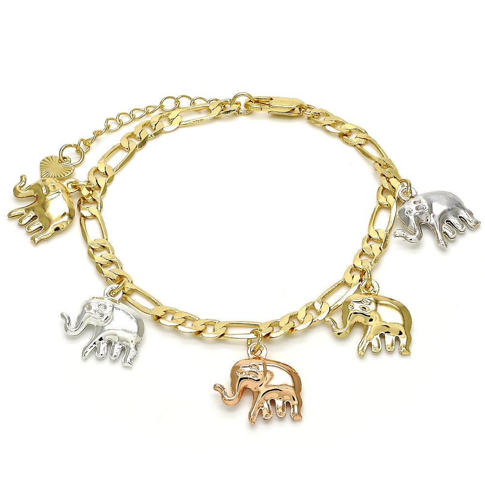 Oro Laminado Charm Bracelet, Gold Filled Style Elephant Design, Polished, Tricolor