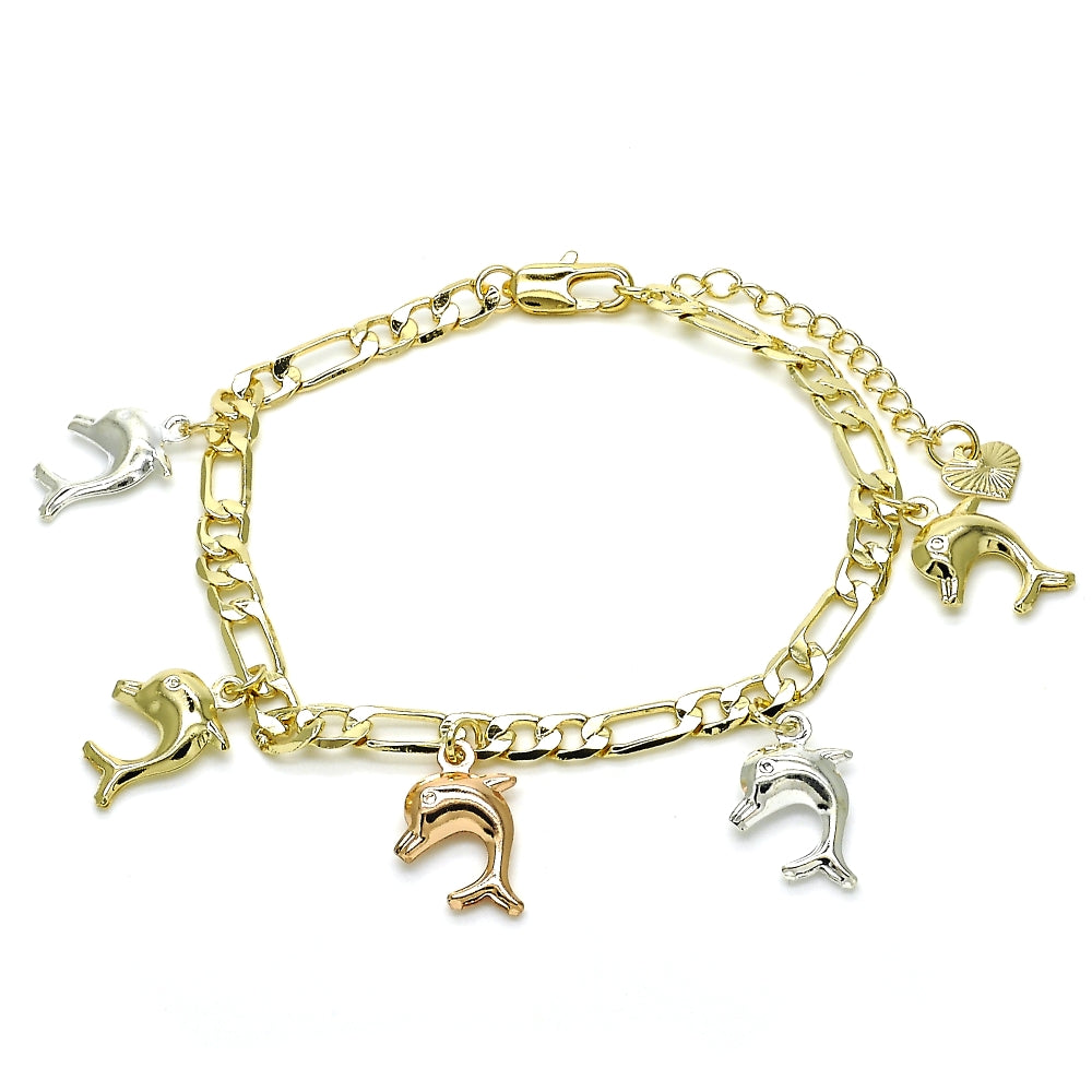 Oro Laminado Charm Bracelet, Gold Filled Style Dolphin Design, Polished, Tricolor
