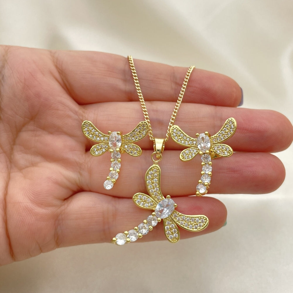 Oro Laminado Earring and Pendant Adult Set, Gold Filled Style Dragon-Fly Design, with White Cubic Zirconia, Polished, Golden Finish