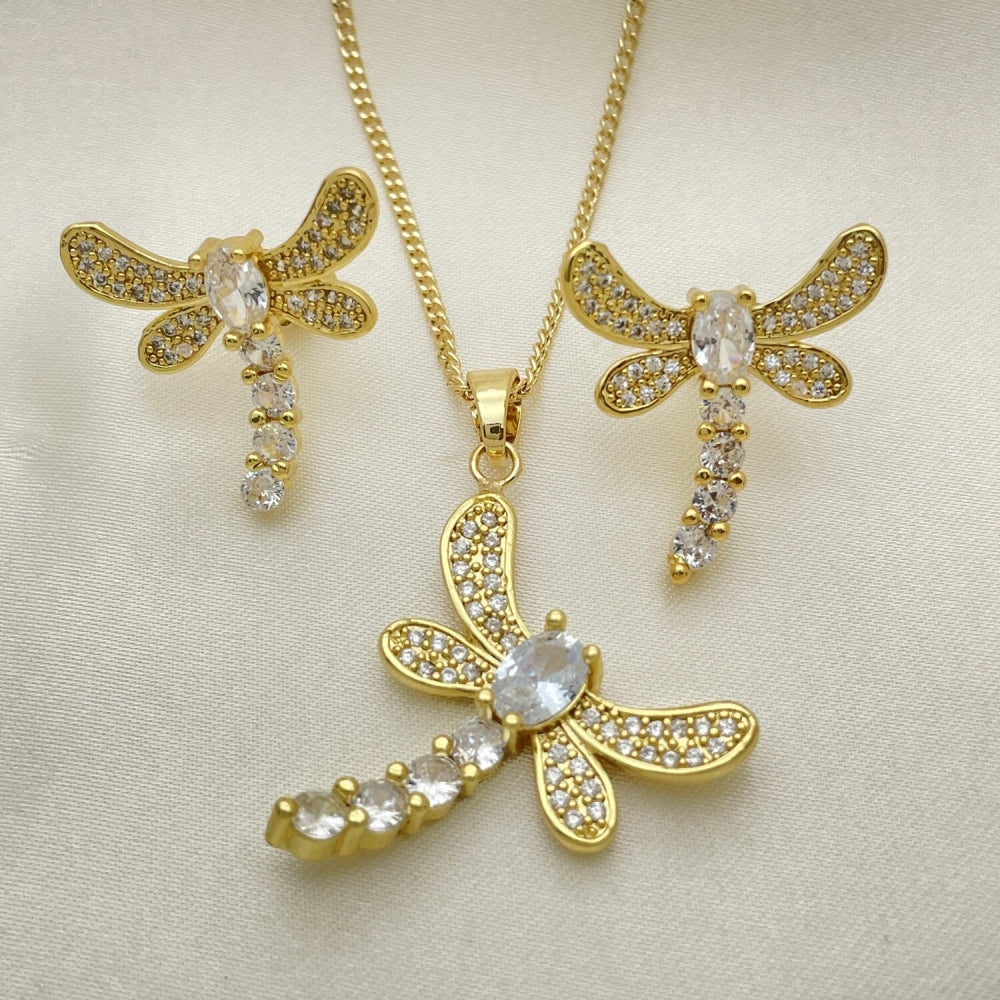 Oro Laminado Earring and Pendant Adult Set, Gold Filled Style Dragon-Fly Design, with White Cubic Zirconia, Polished, Golden Finish