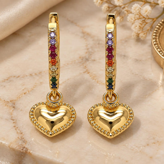 Oro Laminado Huggie Hoop, Gold Filled Style Heart Design, with Multicolor Cubic Zirconia, Polished, Golden Finish