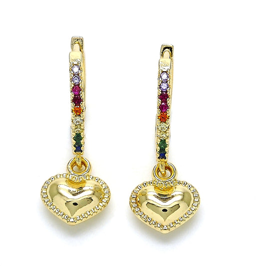 Oro Laminado Huggie Hoop, Gold Filled Style Heart Design, with Multicolor Cubic Zirconia, Polished, Golden Finish
