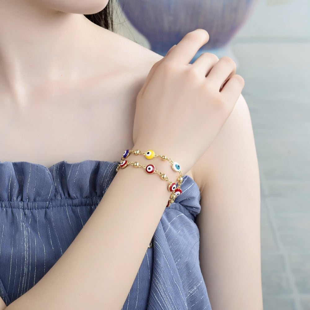 Oro Laminado Fancy Bracelet, Gold Filled Style Evil Eye Design, Multicolor Enamel Finish, Golden Finish