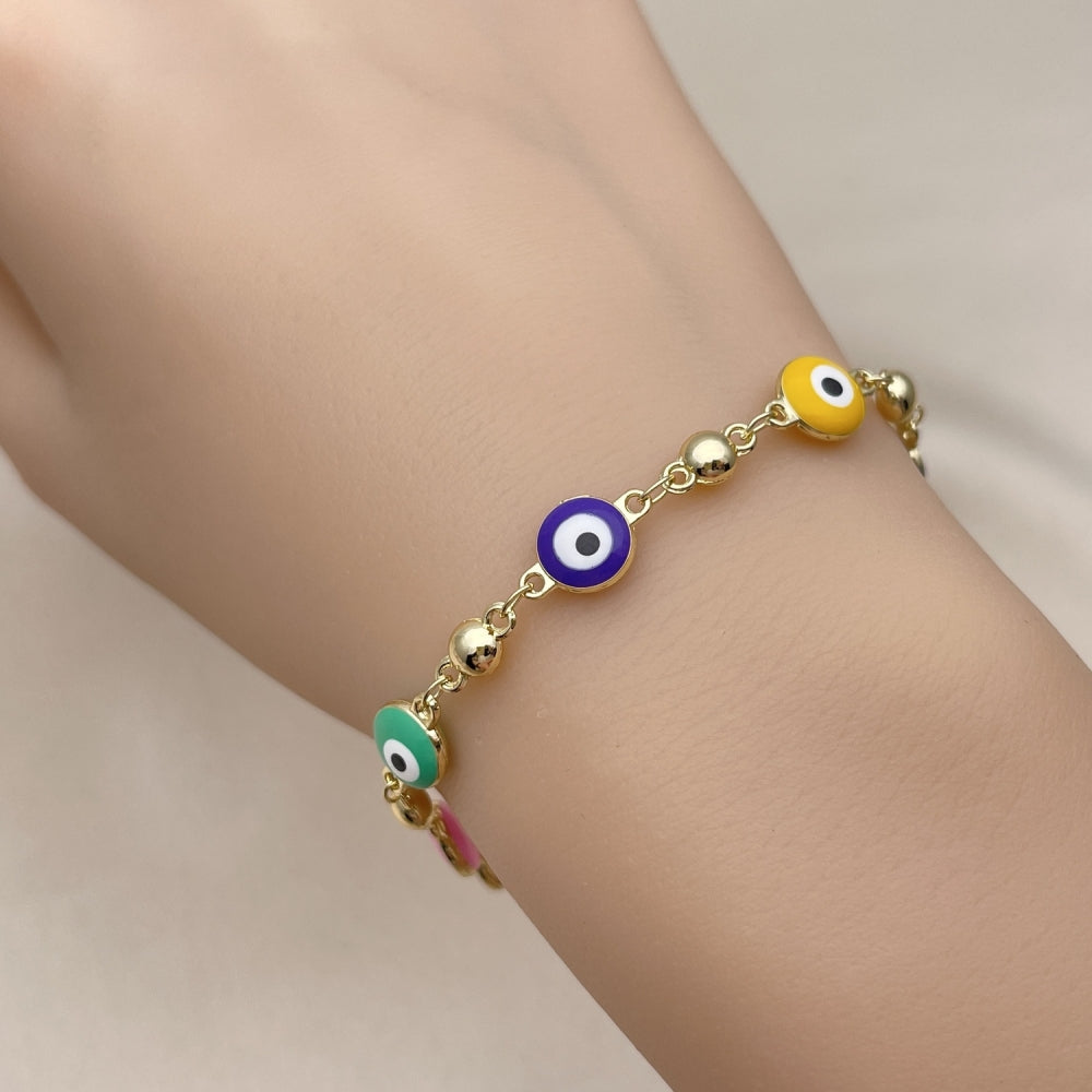 Oro Laminado Fancy Bracelet, Gold Filled Style Evil Eye Design, Multicolor Enamel Finish, Golden Finish