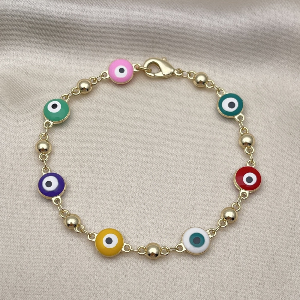 Oro Laminado Fancy Bracelet, Gold Filled Style Evil Eye Design, Multicolor Enamel Finish, Golden Finish