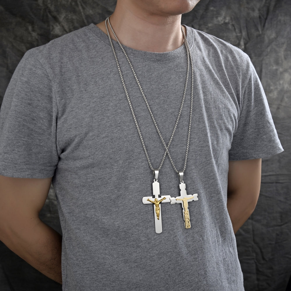 Stainless Steel Pendant Necklace, Crucifix Design, Polished, Two Tone