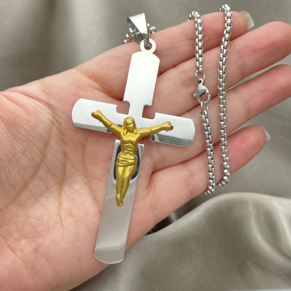 Stainless Steel Pendant Necklace, Crucifix Design, Polished, Two Tone