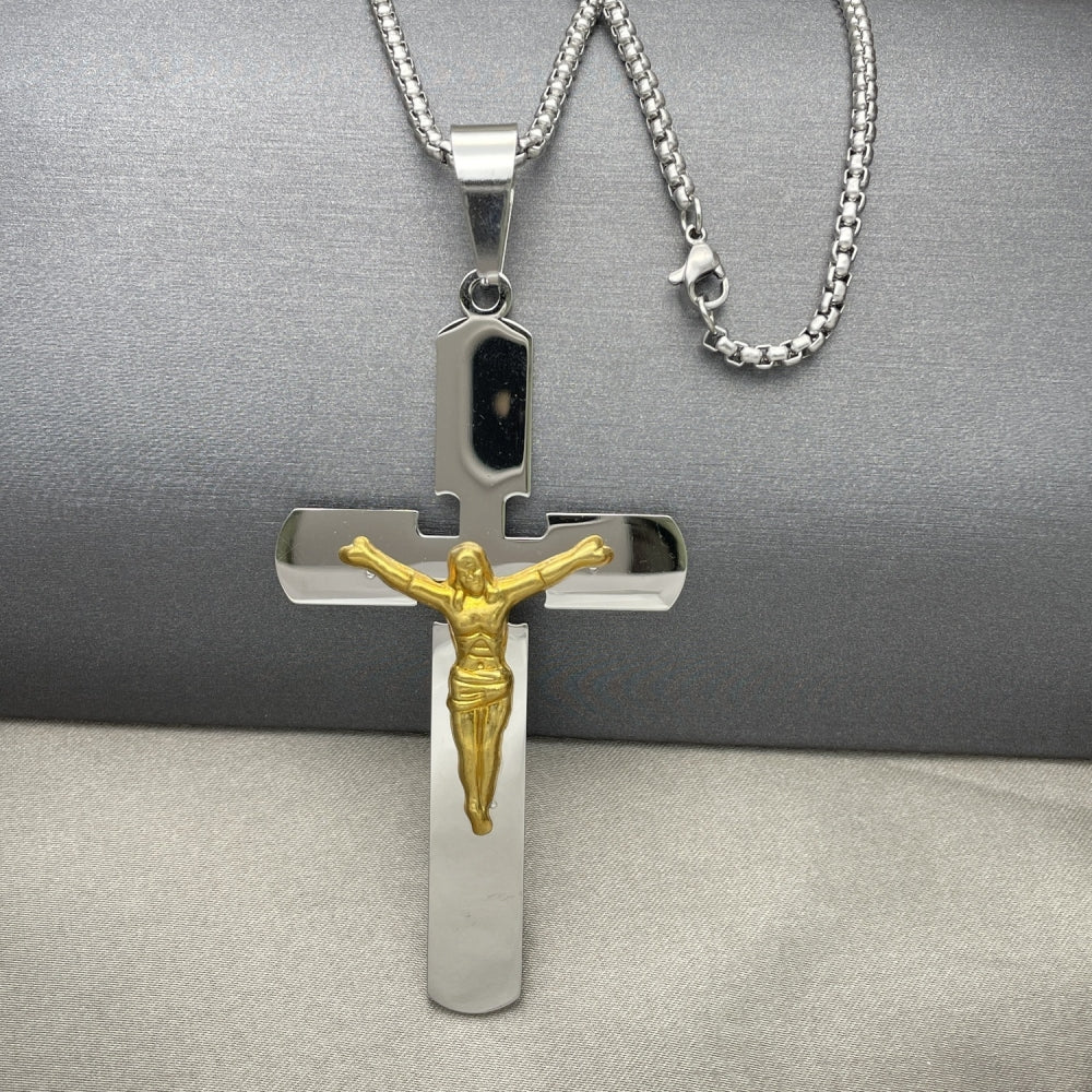 Stainless Steel Pendant Necklace, Crucifix Design, Polished, Two Tone