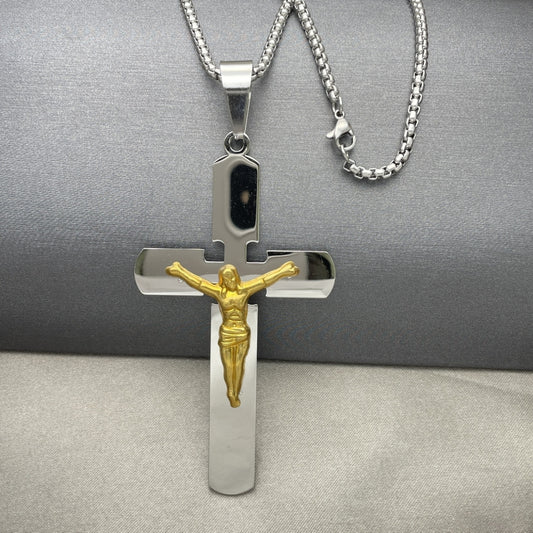 Stainless Steel Pendant Necklace, Crucifix Design, Polished, Two Tone