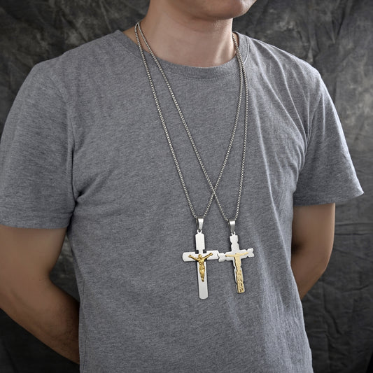 Stainless Steel Pendant Necklace, Crucifix Design, Polished, Two Tone