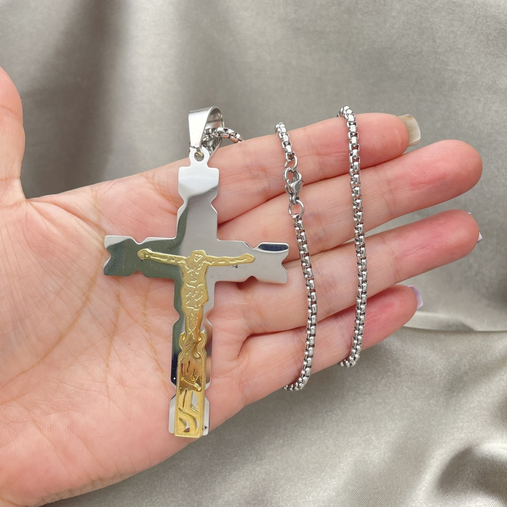 Stainless Steel Pendant Necklace, Crucifix Design, Polished, Two Tone