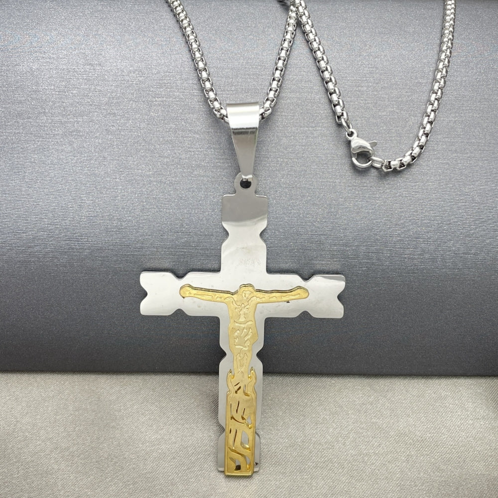 Stainless Steel Pendant Necklace, Crucifix Design, Polished, Two Tone