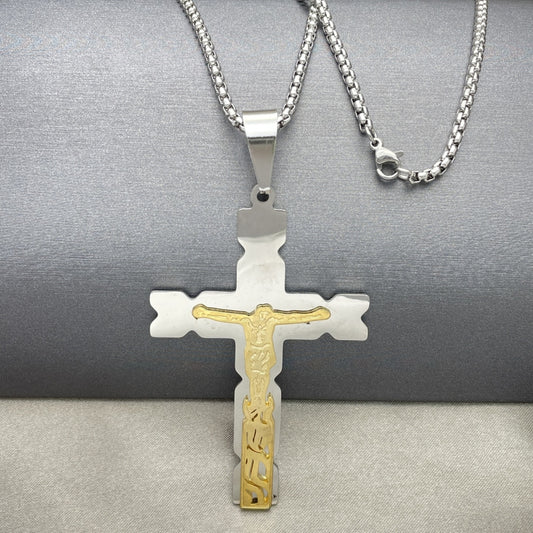 Stainless Steel Pendant Necklace, Crucifix Design, Polished, Two Tone