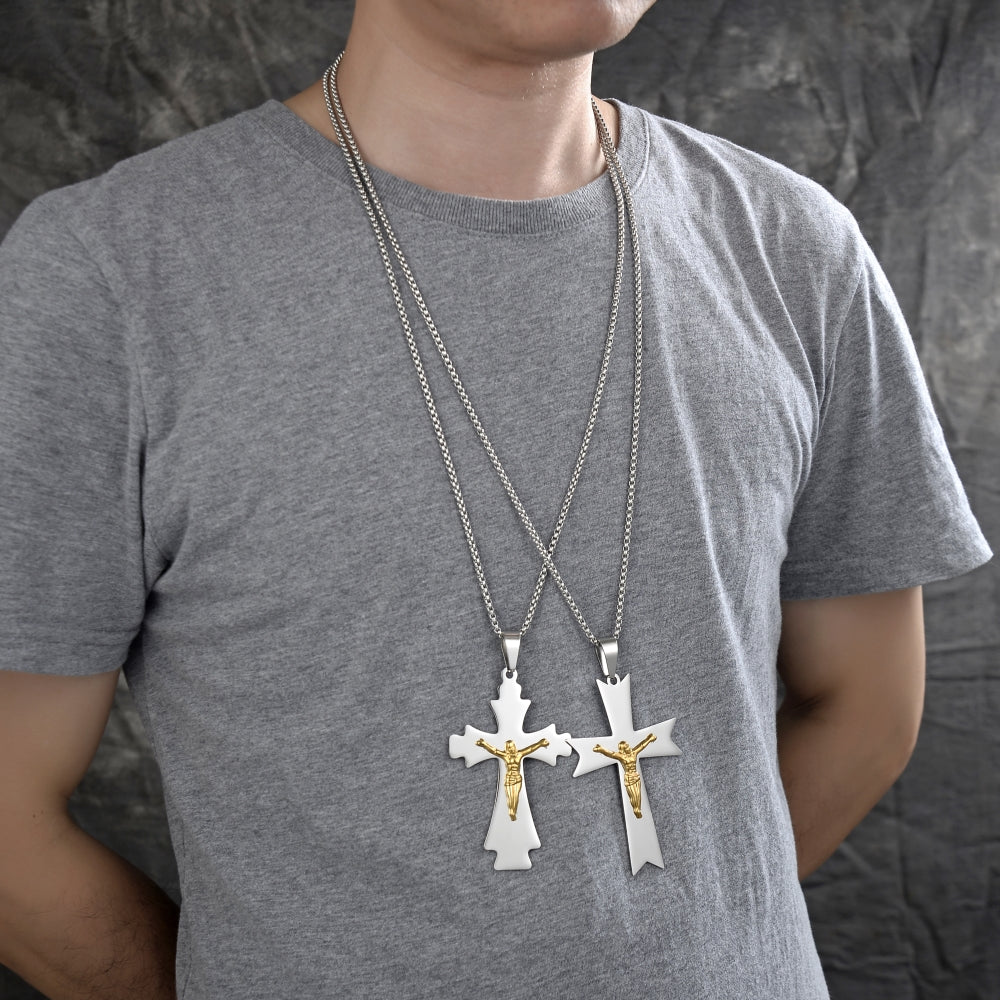 Stainless Steel Pendant Necklace, Crucifix Design, Polished, Two Tone