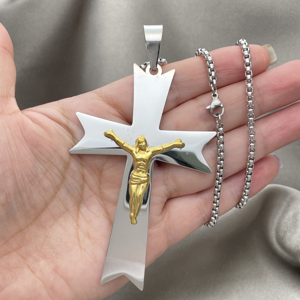 Stainless Steel Pendant Necklace, Crucifix Design, Polished, Two Tone