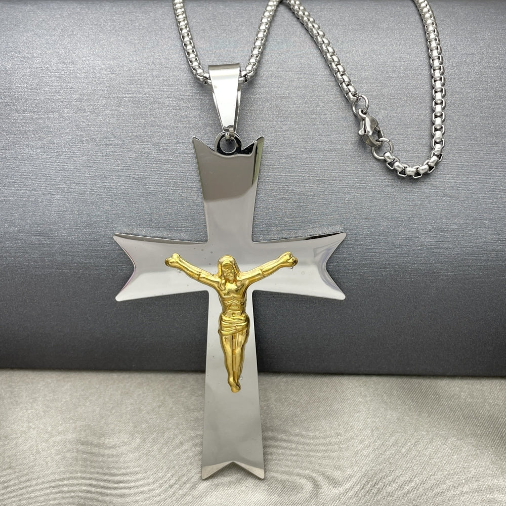 Stainless Steel Pendant Necklace, Crucifix Design, Polished, Two Tone