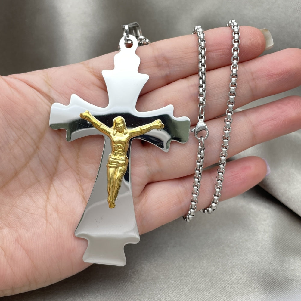 Stainless Steel Pendant Necklace, Crucifix Design, Polished, Two Tone