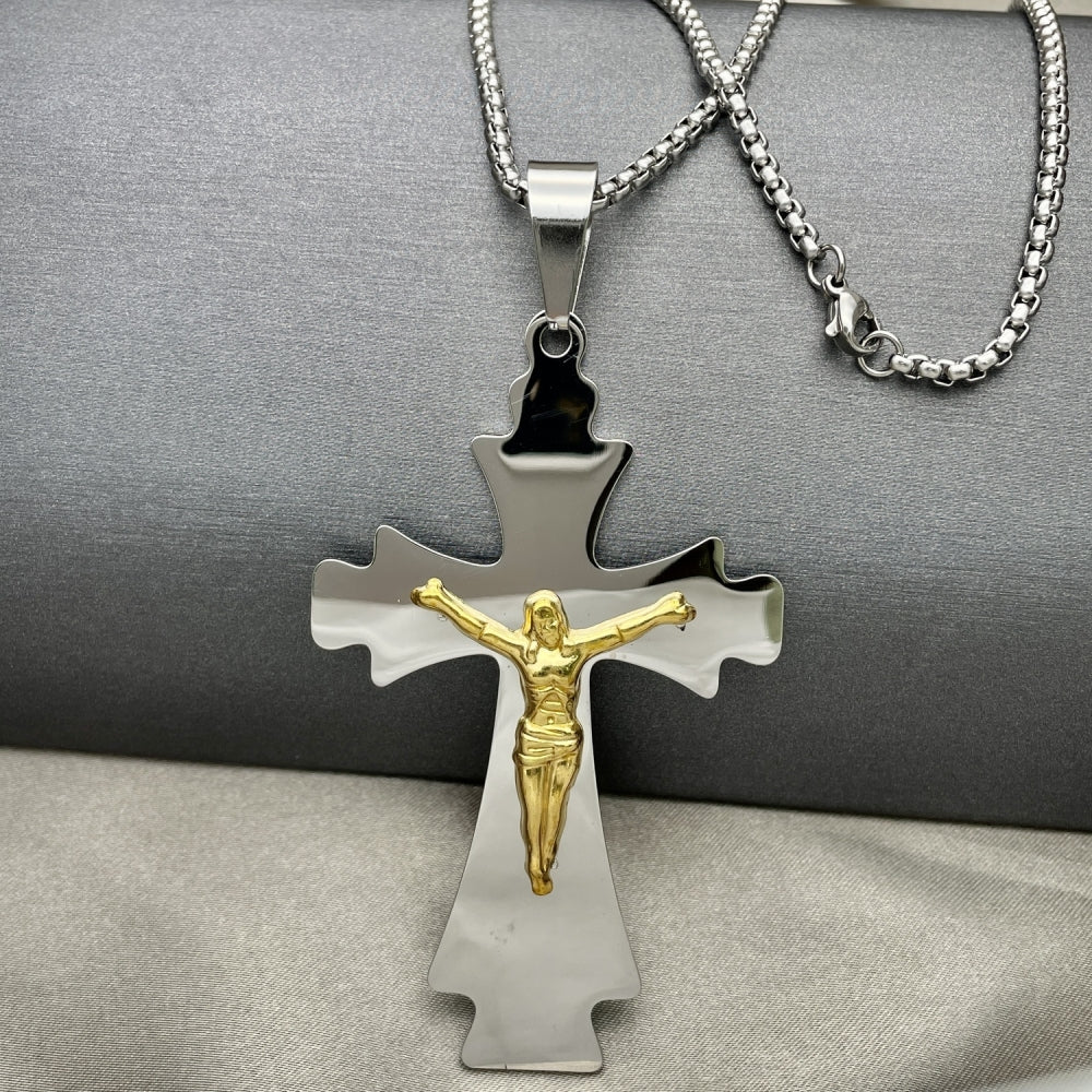 Stainless Steel Pendant Necklace, Crucifix Design, Polished, Two Tone