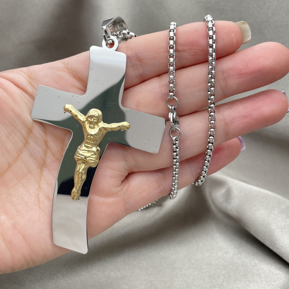 Stainless Steel Pendant Necklace, Crucifix Design, Polished, Two Tone