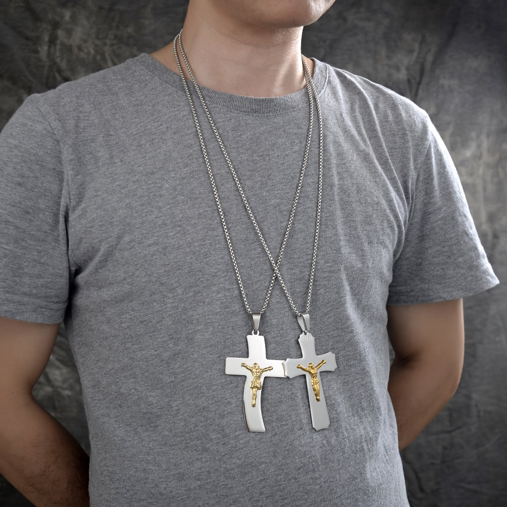 Stainless Steel Pendant Necklace, Crucifix Design, Polished, Two Tone