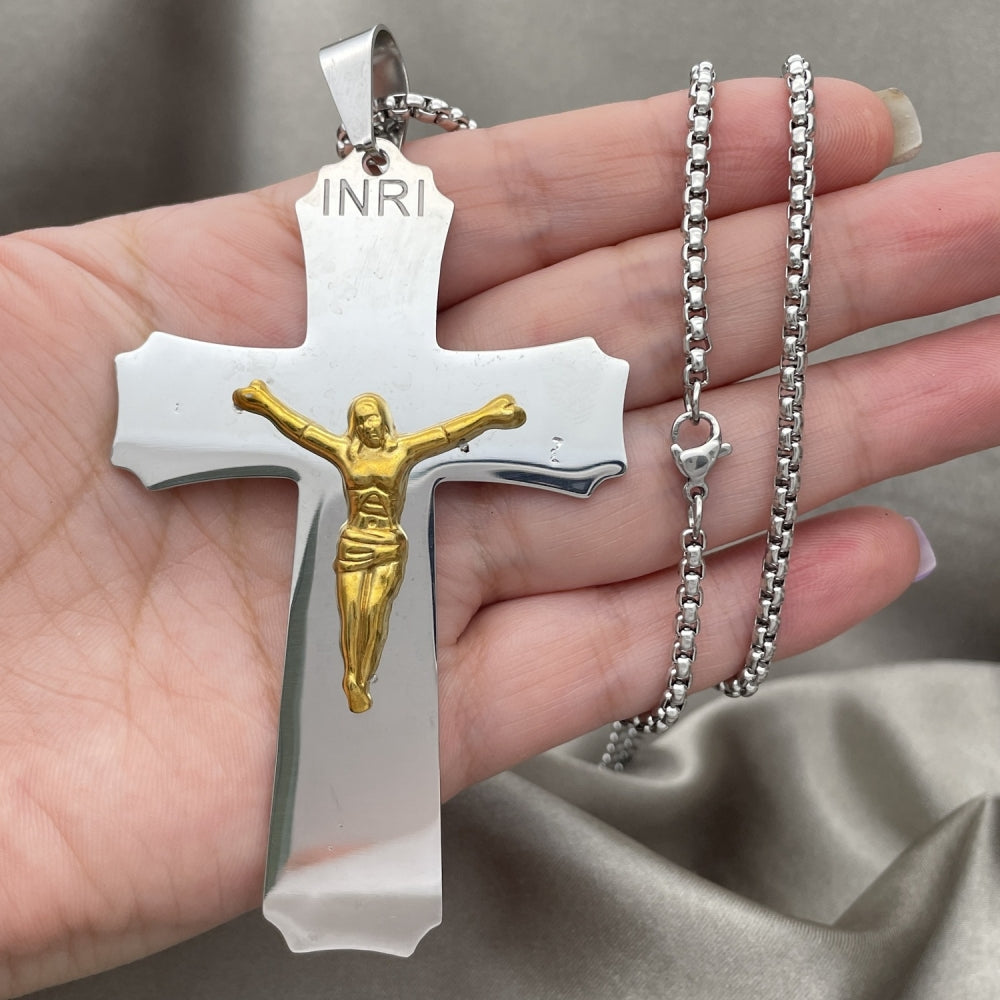 Stainless Steel Pendant Necklace, Crucifix Design, Polished, Two Tone
