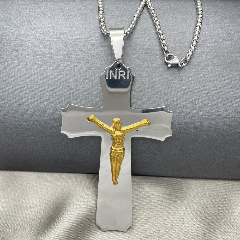 Stainless Steel Pendant Necklace, Crucifix Design, Polished, Two Tone
