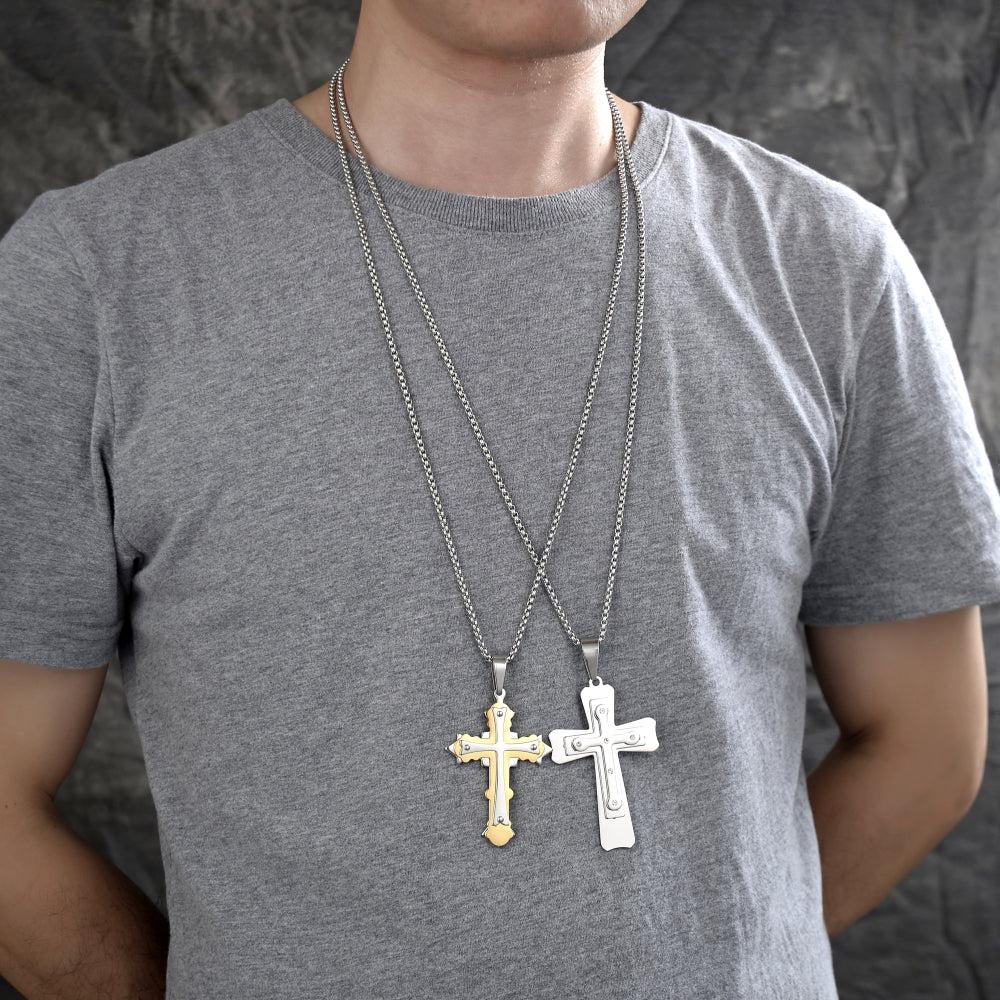 Stainless Steel Pendant Necklace, Cross Design, Polished, Two Tone