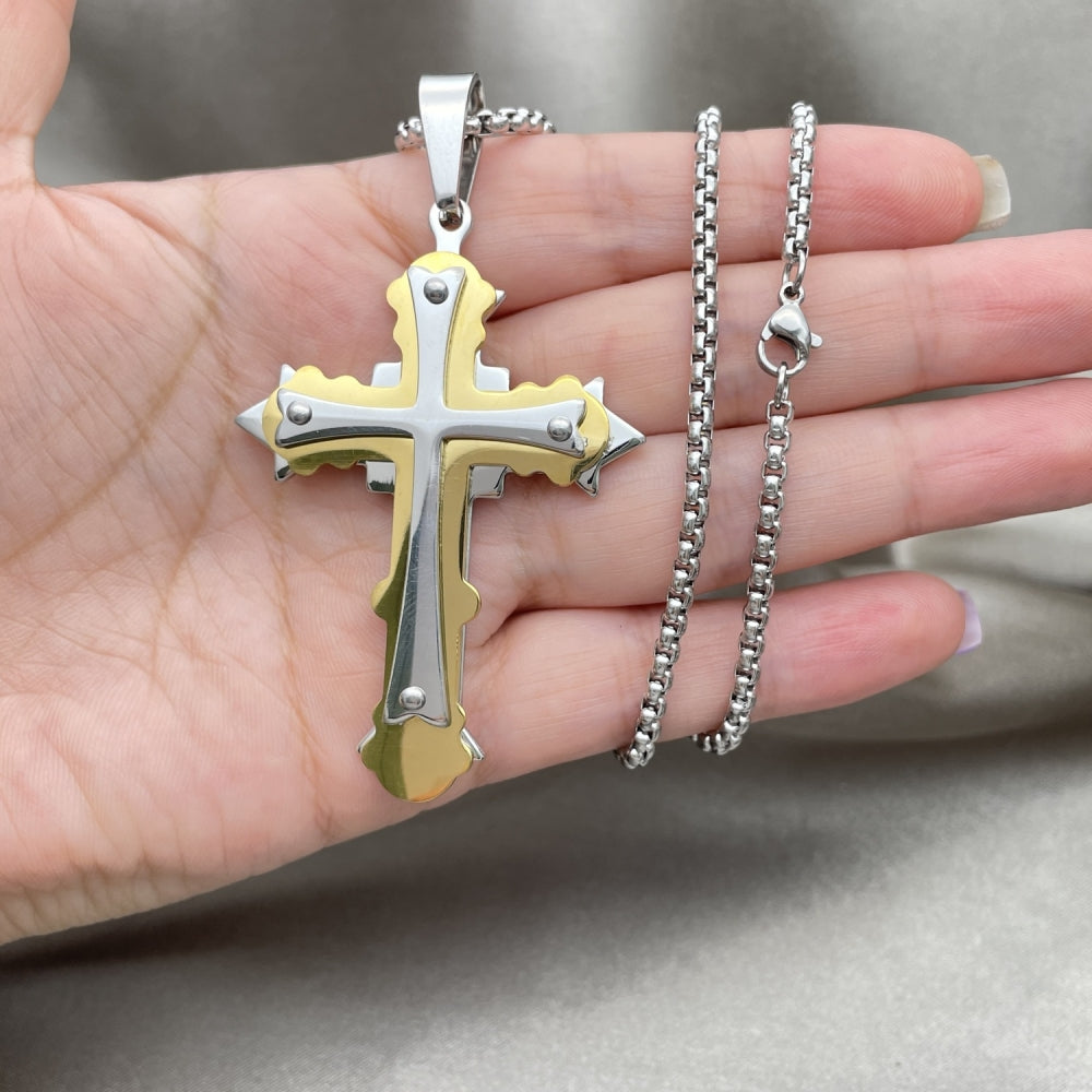 Stainless Steel Pendant Necklace, Cross Design, Polished, Two Tone