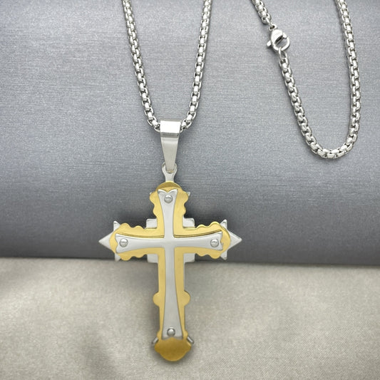 Stainless Steel Pendant Necklace, Cross Design, Polished, Two Tone