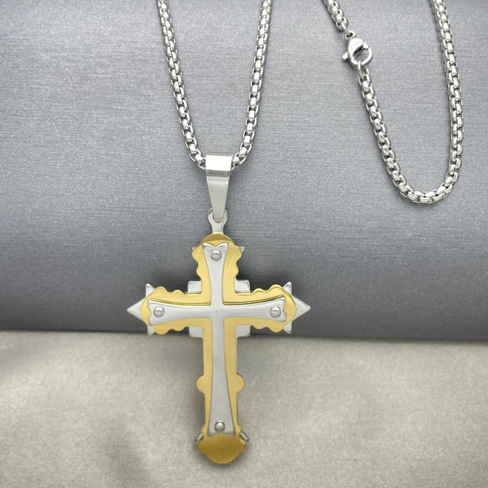 Stainless Steel Pendant Necklace, Cross Design, Polished, Two Tone
