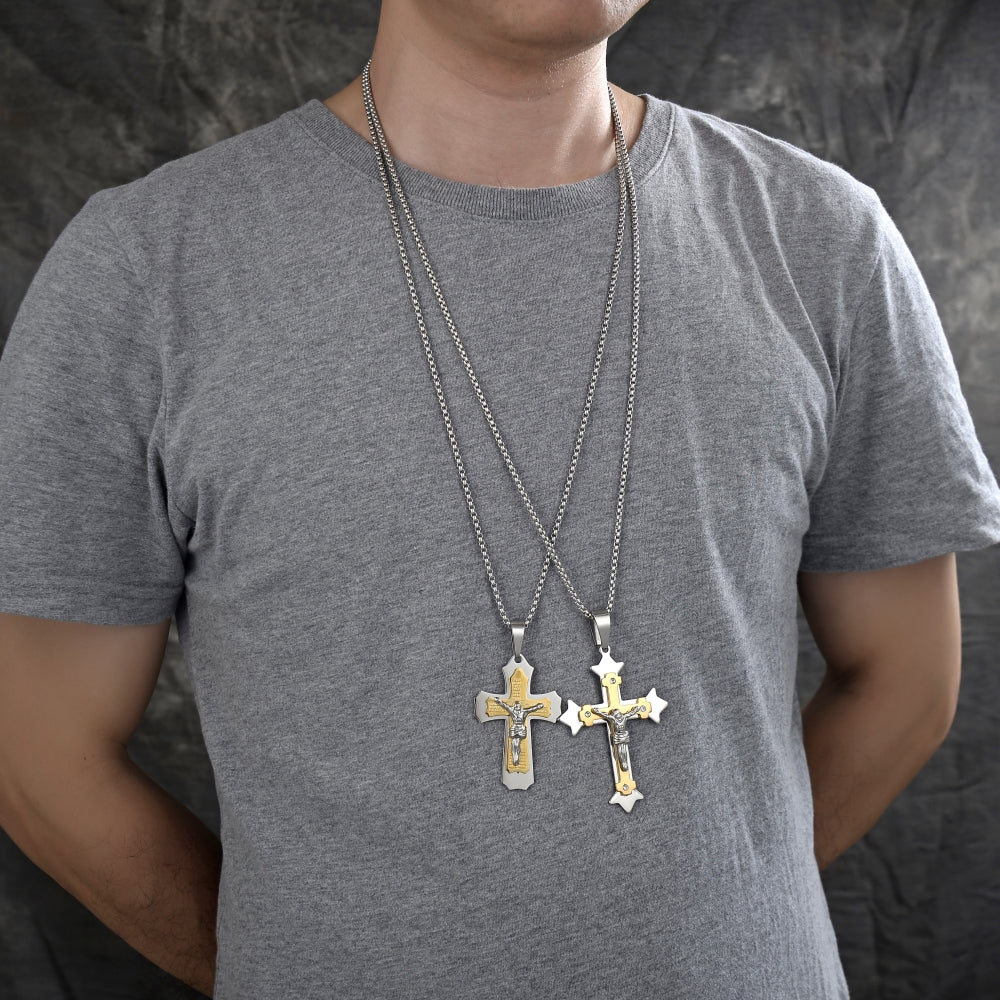 Stainless Steel Pendant Necklace, Crucifix Design, with White Cubic Zirconia, Polished, Two Tone