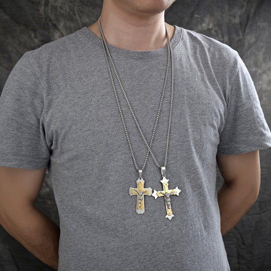 Stainless Steel Pendant Necklace, Crucifix Design, with White Cubic Zirconia, Polished, Two Tone