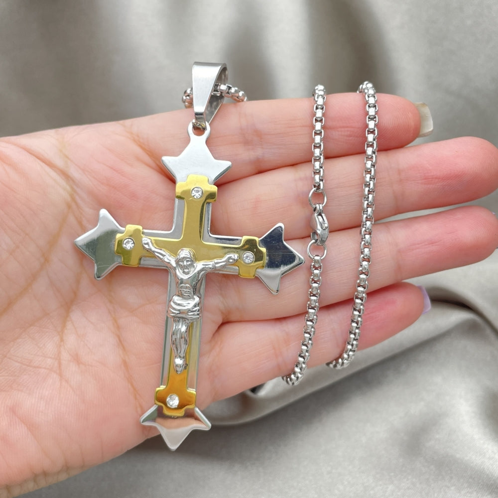 Stainless Steel Pendant Necklace, Crucifix Design, with White Cubic Zirconia, Polished, Two Tone