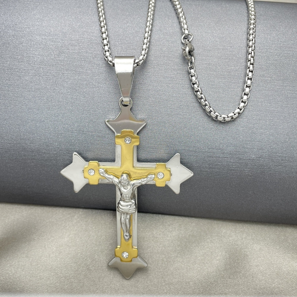 Stainless Steel Pendant Necklace, Crucifix Design, with White Cubic Zirconia, Polished, Two Tone