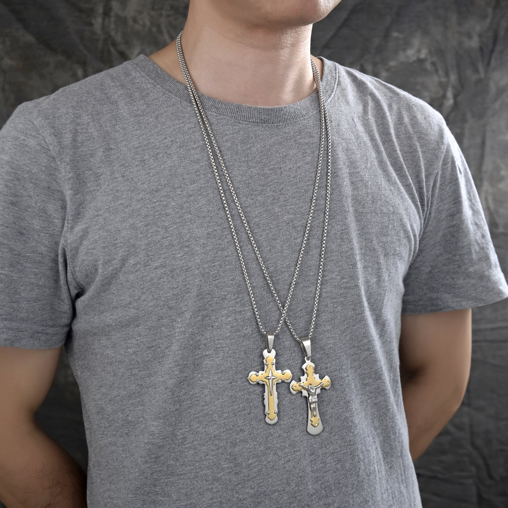 Stainless Steel Pendant Necklace, Crucifix Design, with White Cubic Zirconia, Polished, Two Tone