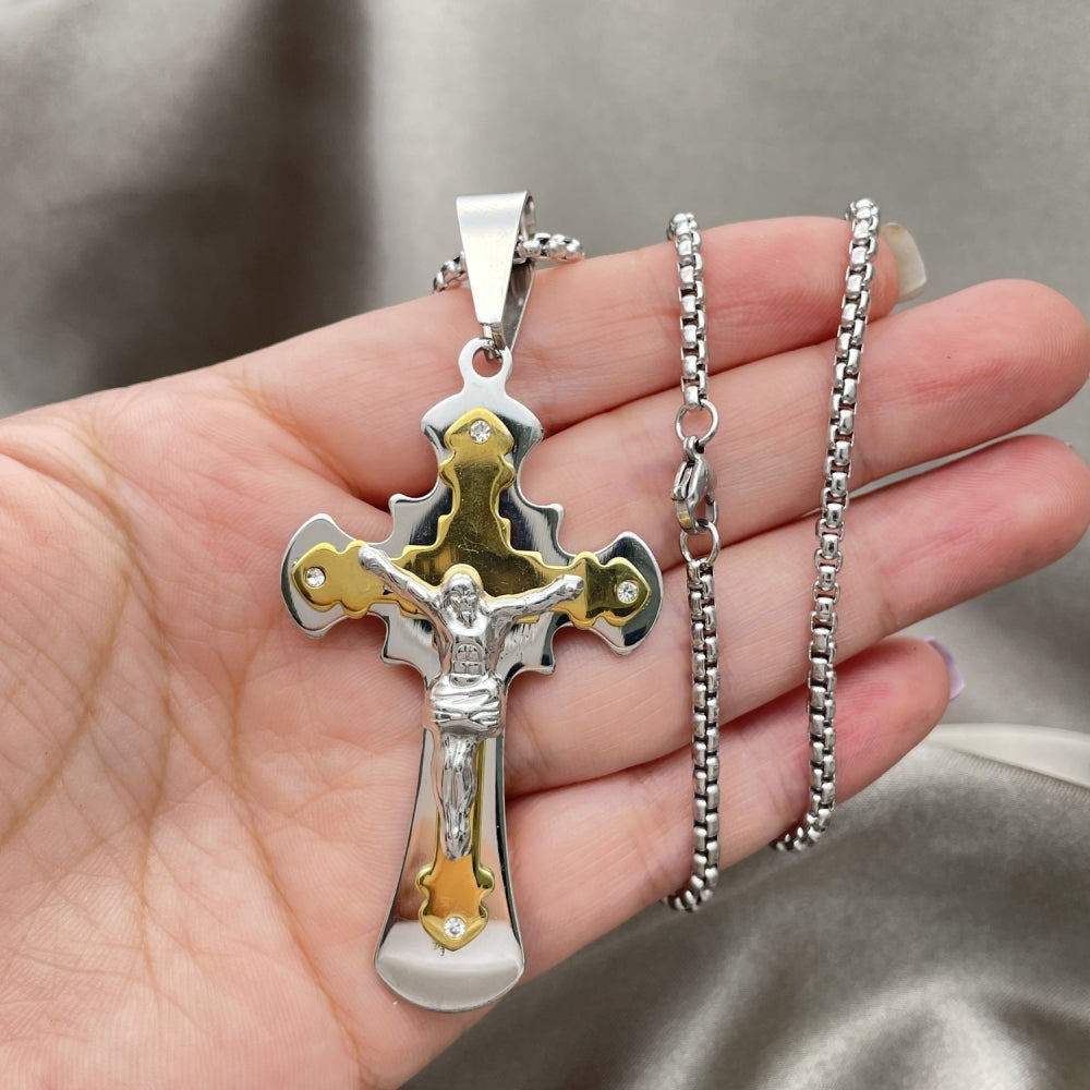 Stainless Steel Pendant Necklace, Crucifix Design, with White Cubic Zirconia, Polished, Two Tone
