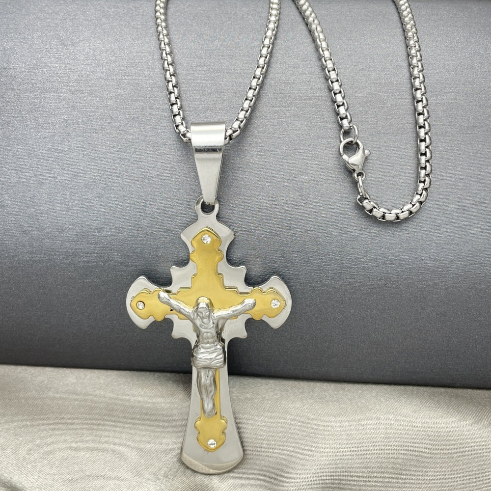 Stainless Steel Pendant Necklace, Crucifix Design, with White Cubic Zirconia, Polished, Two Tone