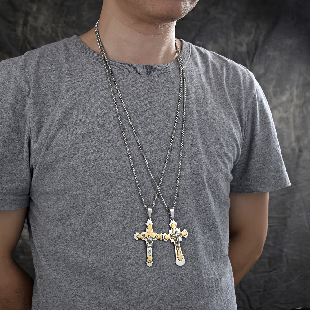 Stainless Steel Pendant Necklace, Cross Design, Polished, Two Tone
